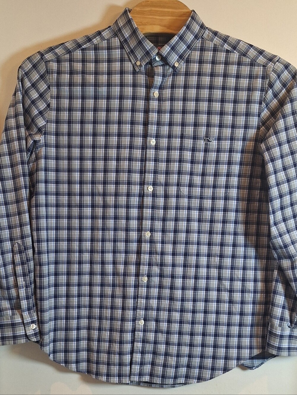 Vineyard Vines Performance Mens XL Classic Fit Tucker Shirt Blue Plaid Wale Logo